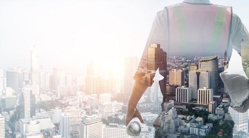 Futuristic image of a man with a hard hat looking over skyscraper skyline to support building construction article