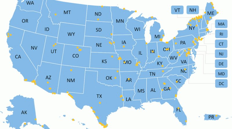 Image of a map of the USA with different states highlighted to support cleaner construction article